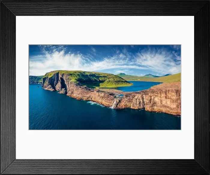 Framed Print : Panoramic view from flying drone of Bosdalafossur waterfall Framed Print : Panoramic view from flying drone of Bosdalafossur waterfall