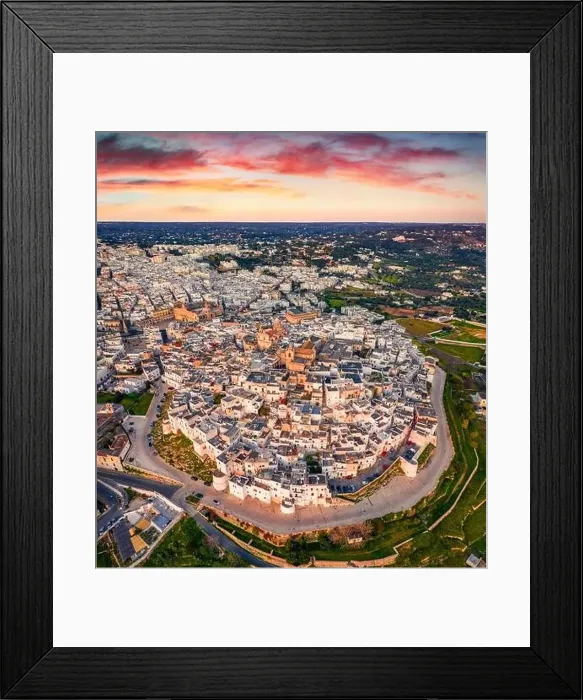 Framed Print : View from flying drone. Magnificent summser sunrise in Ostuni town Framed Print : View from flying drone. Magnificent summser sunrise in Ostuni town