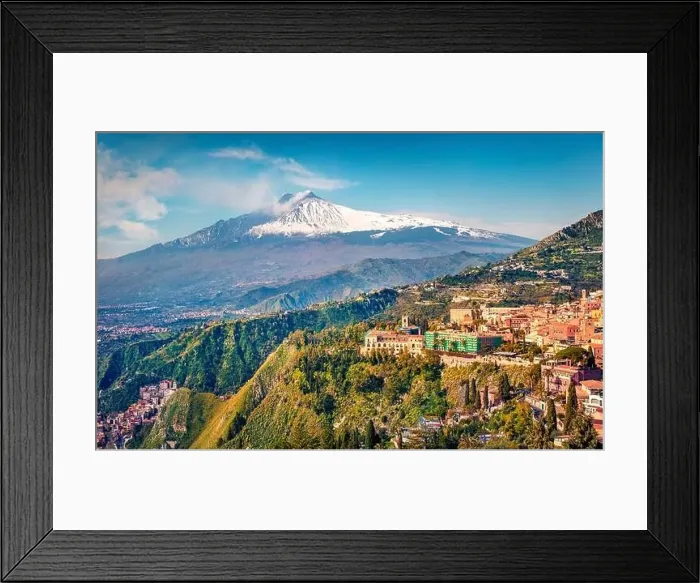 Framed Print : View from flying drone. Beautiful morning view of Taormina town and Etna volcano on background Framed Print : View from flying drone. Beautiful morning view of Taormina town and Etna volcano on background