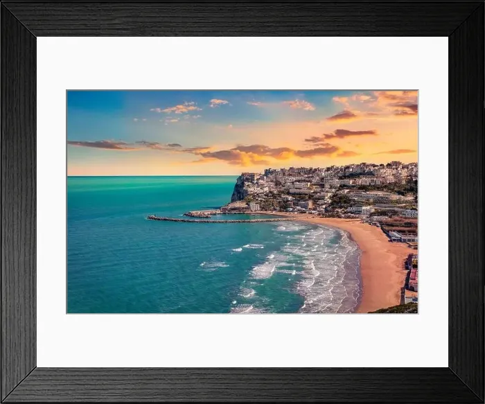 Framed Print : View from flying drone. Picturesque summer cityscape of Peschici town Framed Print : View from flying drone. Picturesque summer cityscape of Peschici town