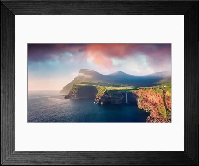 Framed Print : Panoramic morning view from flying drone of Vagar island