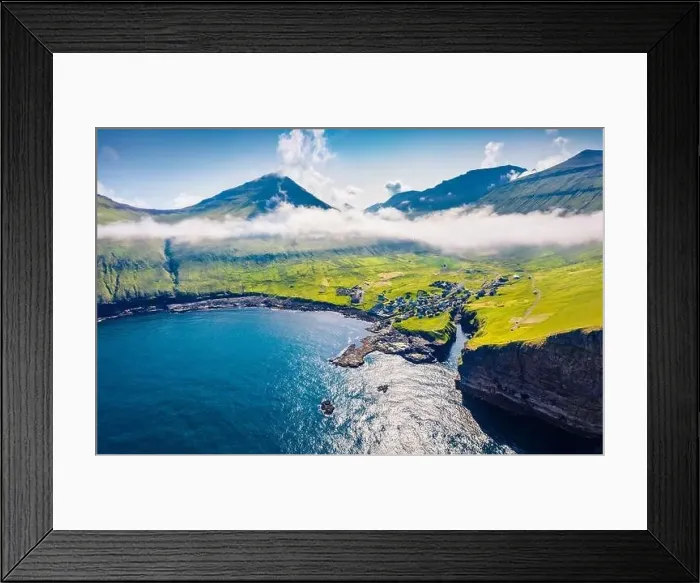 Framed Print : Foggy morning view from flying drone of Gjogv village Framed Print : Foggy morning view from flying drone of Gjogv village
