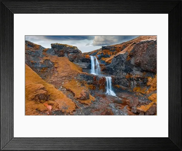 Framed Print : View from flying drone. Incredible evening view of nameless waterfall on Rauda river Framed Print : View from flying drone. Incredible evening view of nameless waterfall on Rauda river