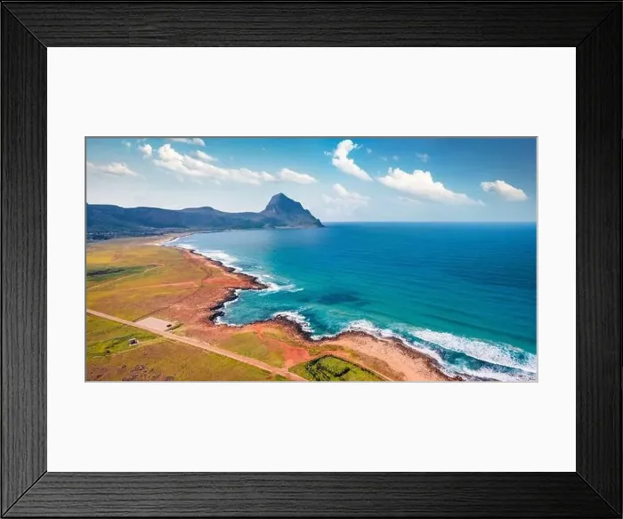 Framed Print : View from flying drone. Unbelievable summer scene of Monte Cofano National Park Framed Print : View from flying drone. Unbelievable summer scene of Monte Cofano National Park