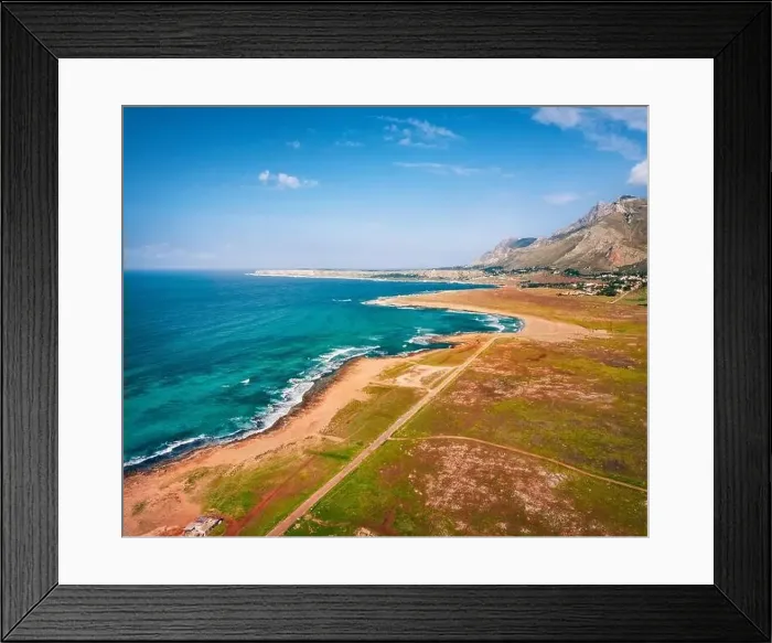 Framed Print : View from flying drone. Majestic summer scene of Monte Cofano National Park Framed Print : View from flying drone. Majestic summer scene of Monte Cofano National Park