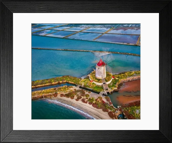 Framed Print : View from flying drone. Attractive summer view of popular tourist attraction - Imbarcadero Storico Mothia Framed Print : View from flying drone. Attractive summer view of popular tourist attraction - Imbarcadero Storico Mothia