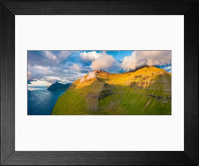 Framed Print : Panoramic summer view from flying drone of Sydradalur village hills Framed Print : Panoramic summer view from flying drone of Sydradalur village hills