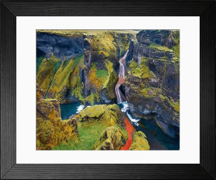 Framed Print : View from flying drone of waterfall in Fjadrargljufur canyon Framed Print : View from flying drone of waterfall in Fjadrargljufur canyon