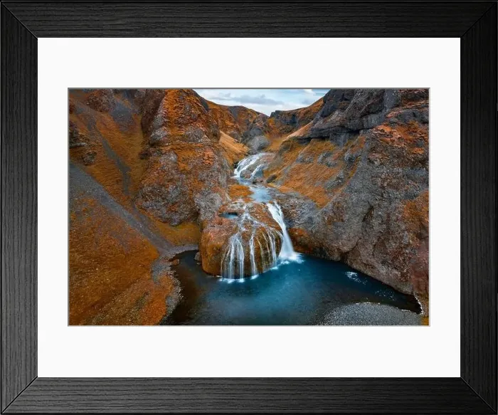 Framed Print : View from flying drone of Stjornarfoss waterfall at midnight sun Framed Print : View from flying drone of Stjornarfoss waterfall at midnight sun