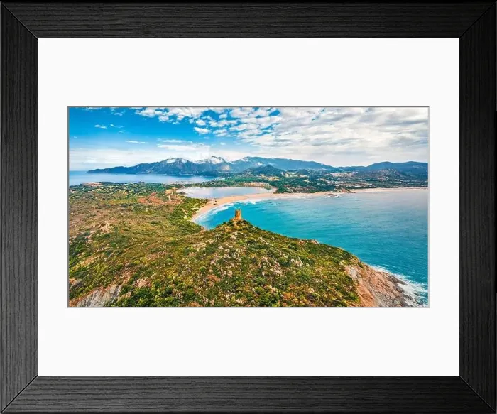 Framed Print : Spectacular summer view from flying drone of Torre di Porto Giunco tower on Carbonara cape Framed Print : Spectacular summer view from flying drone of Torre di Porto Giunco tower on Carbonara cape
