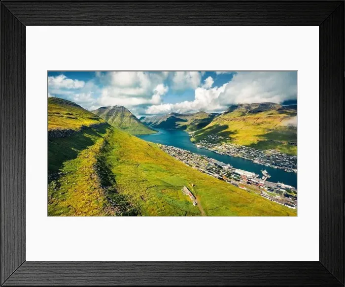 Framed Print : View from flying drone of second biggest city of Faroe islands - Klaksvik Framed Print : View from flying drone of second biggest city of Faroe islands - Klaksvik
