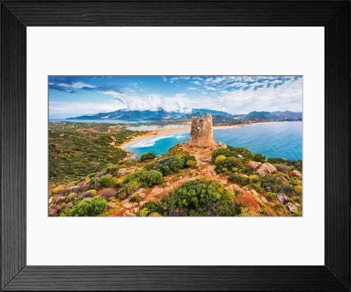 Framed Print : View from flying drone. Impressive summer view of Torre di Porto Giunco tower on Carbonara cape Framed Print : View from flying drone. Impressive summer view of Torre di Porto Giunco tower on Carbonara cape