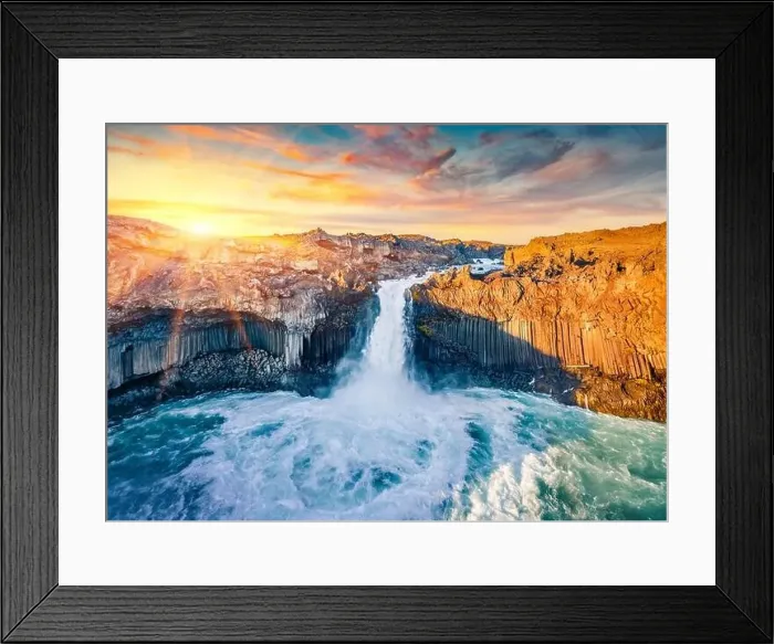 Framed Print : View from flying drone. Sunny summer sunset on Aldeyjarfoss waterfall Framed Print : View from flying drone. Sunny summer sunset on Aldeyjarfoss waterfall