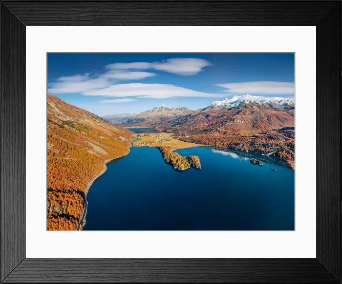 Framed Print : View from flying drone of Sils lake Framed Print : View from flying drone of Sils lake