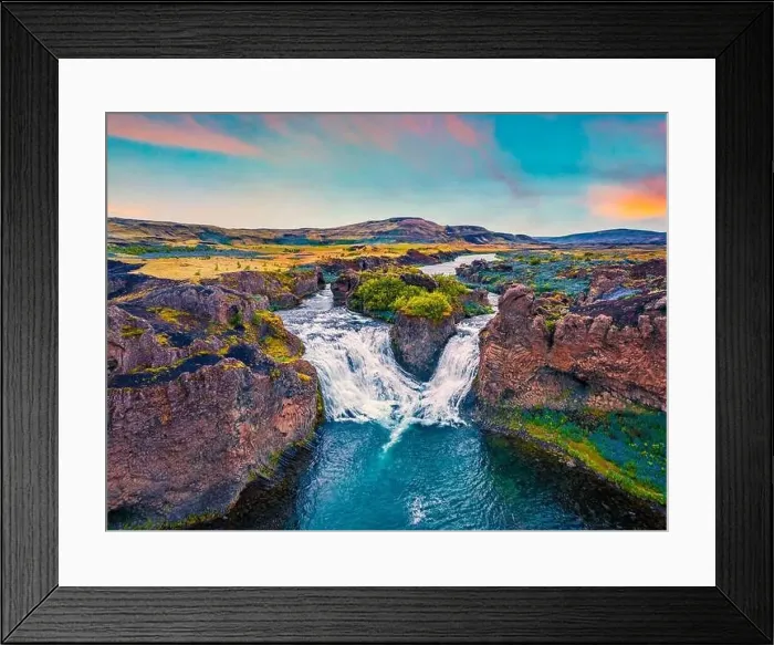 Framed Print : View from flying drone. Majestic summer sunset on Hjalparfoss Waterfall Framed Print : View from flying drone. Majestic summer sunset on Hjalparfoss Waterfall