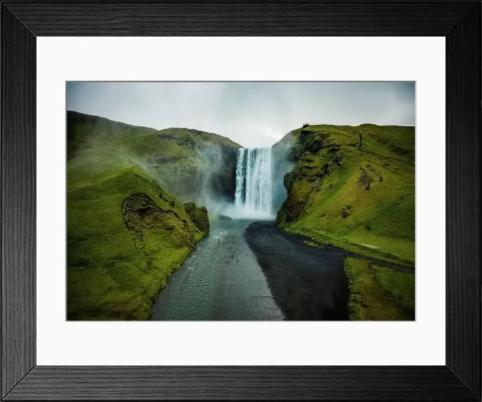 Framed Print : View from flying drone. Dramatic midnight sun scene of Skogafoss Waterfall Framed Print : View from flying drone. Dramatic midnight sun scene of Skogafoss Waterfall