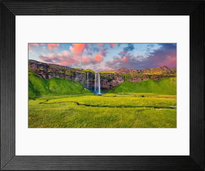 Framed Print : View from flying drone. Attractive summer view of Seljalandsfoss waterfall Framed Print : View from flying drone. Attractive summer view of Seljalandsfoss waterfall
