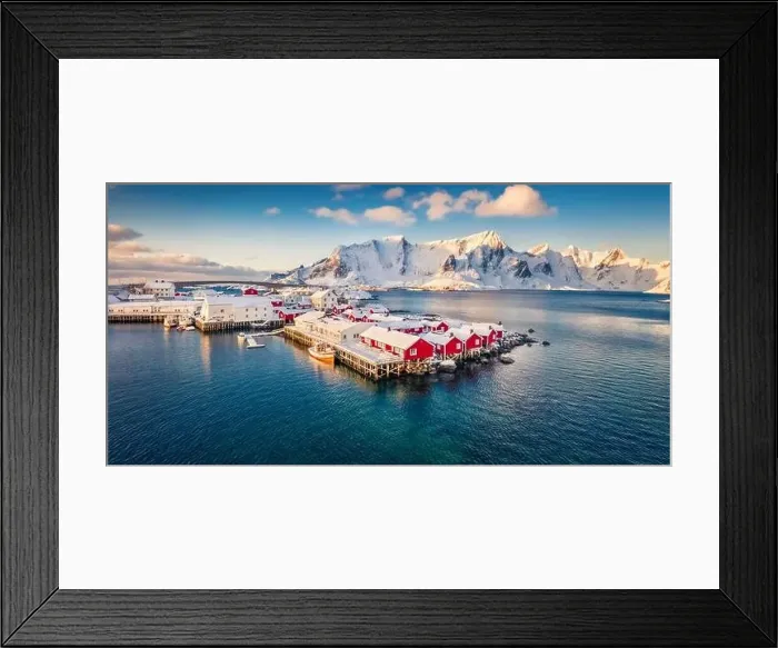 Framed Print : View from flying drone of small fishing town - Hamnoy Framed Print : View from flying drone of small fishing town - Hamnoy