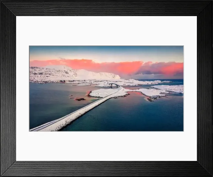 Framed Print : View from flying drone of Fredvang bridge