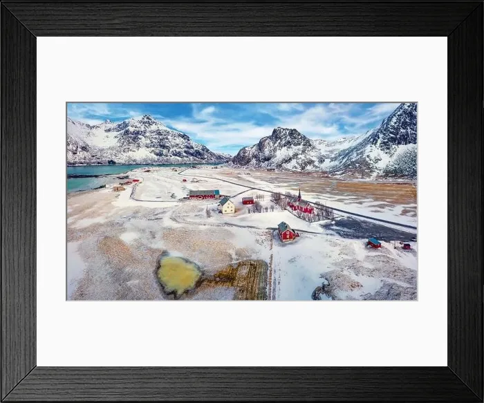 Framed Print : View from flying drone of Flakstad village with Hustinden mount on background Framed Print : View from flying drone of Flakstad village with Hustinden mount on background