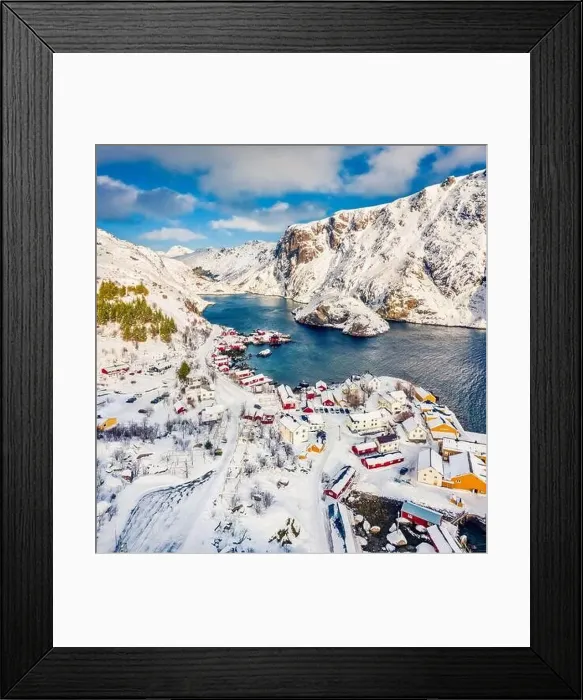 Framed Print : View from flying drone of Nusfjord town
