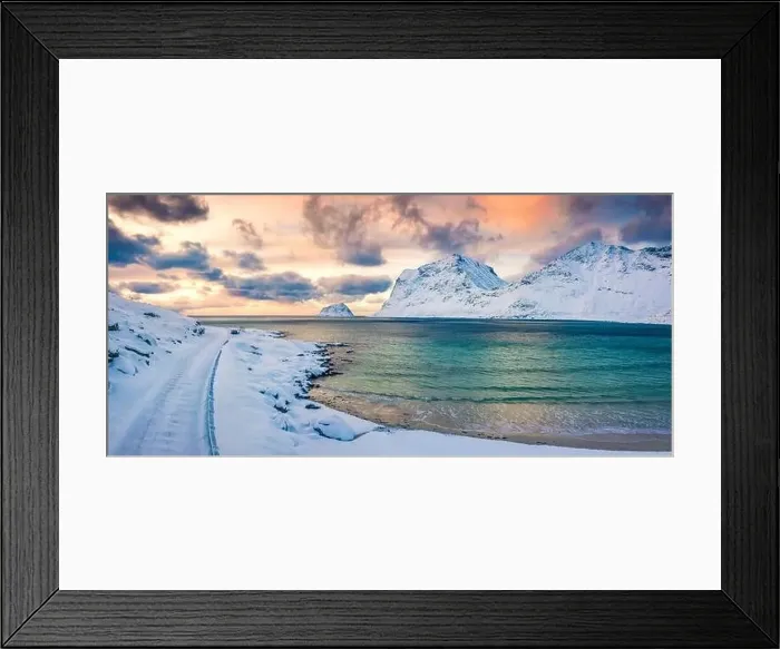 Framed Print : View from flying drone of Vik Beach after huge snowfall Framed Print : View from flying drone of Vik Beach after huge snowfall
