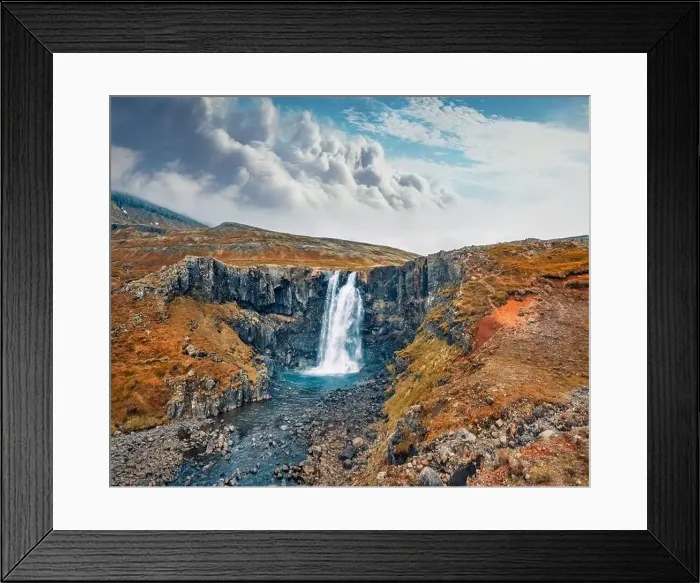 Framed Print : View from flying drone of Gufufoss (Gufu Waterfall) Framed Print : View from flying drone of Gufufoss (Gufu Waterfall)