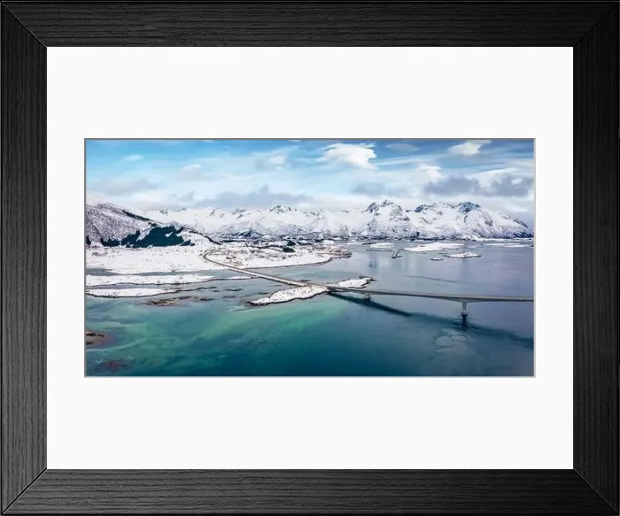 Framed Print : View from flying drone of Gimsoystraumen bridge Framed Print : View from flying drone of Gimsoystraumen bridge