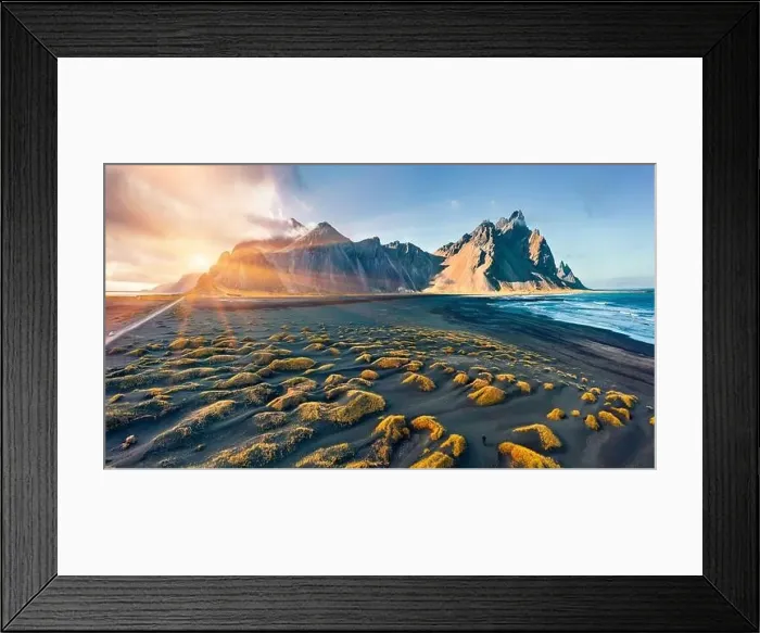 Framed Print : View from flying drone. Amazing autumn sunset on Stokksnes cape with Vestrahorn (Batman Mountain) on background Framed Print : View from flying drone. Amazing autumn sunset on Stokksnes cape with Vestrahorn (Batman Mountain) on background