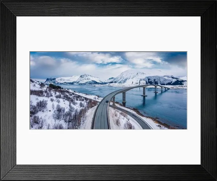 Framed Print : View from flying drone of Gimsoystraumen bridge Framed Print : View from flying drone of Gimsoystraumen bridge