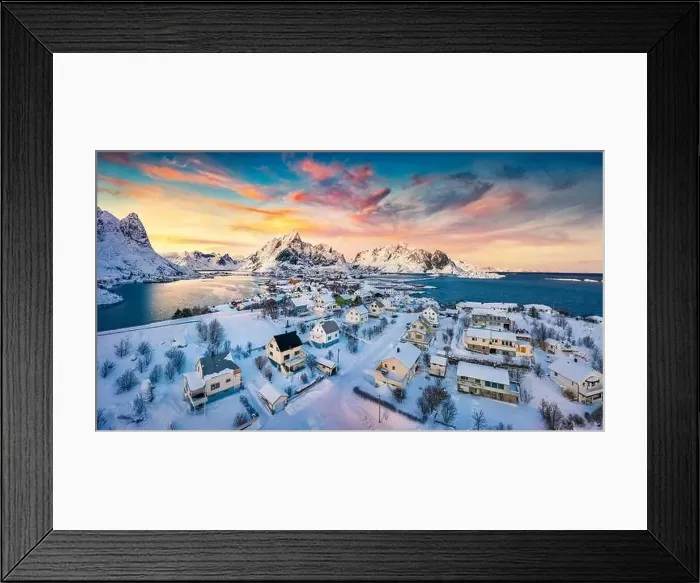 Framed Print : View from flying drone of Reine village Framed Print : View from flying drone of Reine village