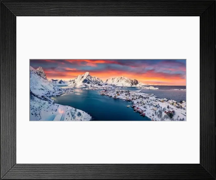 Framed Print : Panoramic evening view from flying drone of popular tourist destination - Reine town Framed Print : Panoramic evening view from flying drone of popular tourist destination - Reine town