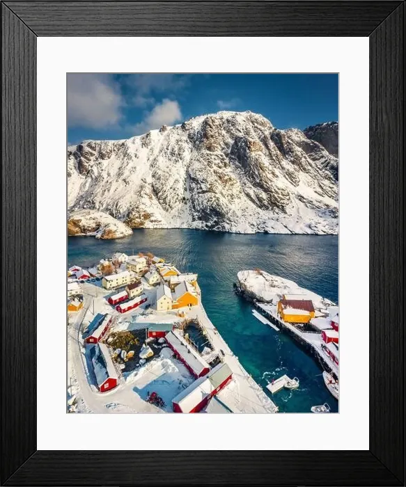 Framed Print : View from flying drone of Nusfjord town Framed Print : View from flying drone of Nusfjord town