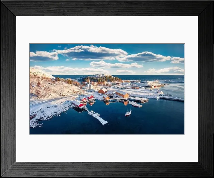 Framed Print : View from flying drone of Moskenes port with Rikets Sal church Framed Print : View from flying drone of Moskenes port with Rikets Sal church