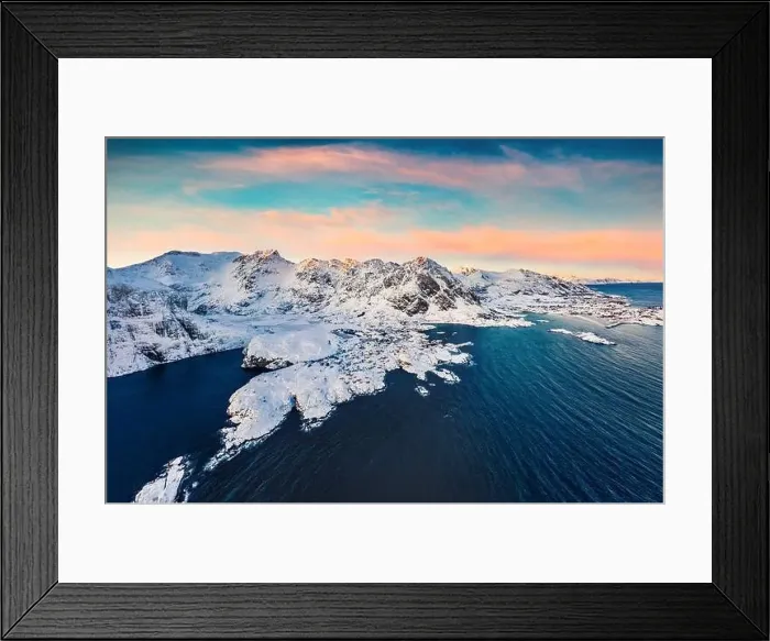 Framed Print : View from flying drone of southernmost of Lofoten islands town Framed Print : View from flying drone of southernmost of Lofoten islands town