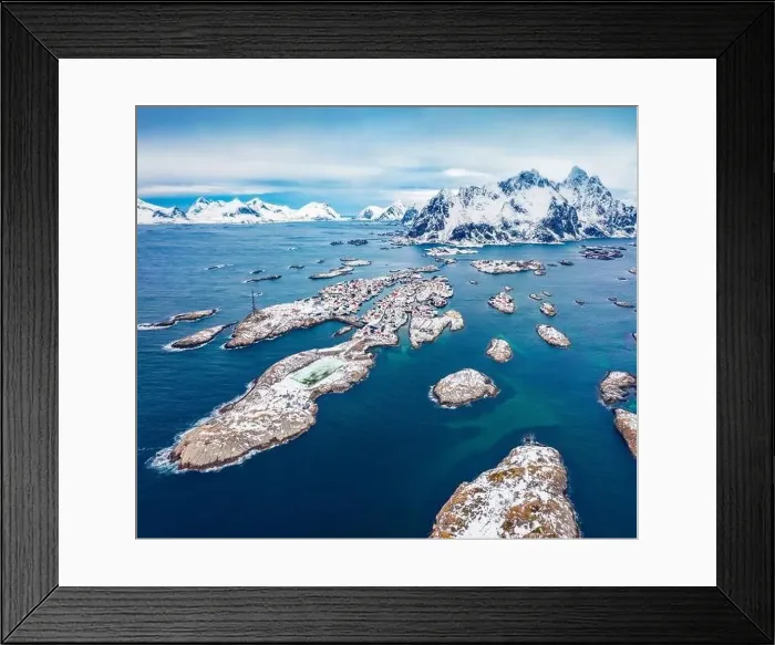 Framed Print : View from flying drone of Henningsvaer town Framed Print : View from flying drone of Henningsvaer town