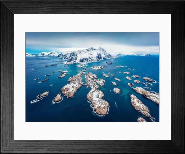 Framed Print : View from flying drone of Henningsvaer town Framed Print : View from flying drone of Henningsvaer town