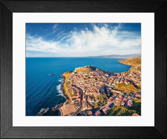 Framed Print : Superb evening view from flying drone of Castelsardo port Framed Print : Superb evening view from flying drone of Castelsardo port