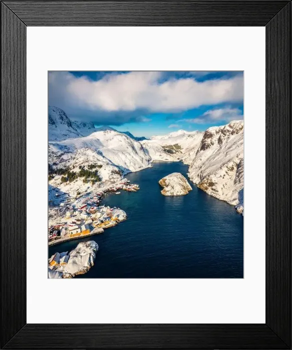 Framed Print : Bright winter view from flying drone of Nusfjord town Framed Print : Bright winter view from flying drone of Nusfjord town