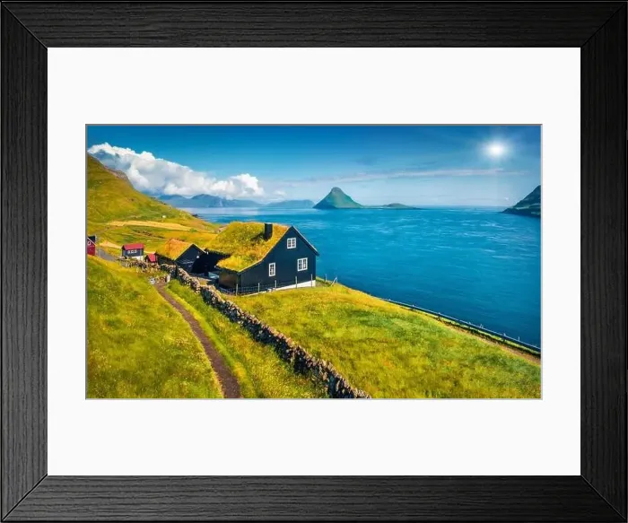 Framed Print : Sunny morning view from flying drone of Velbastadur village with typical turf-top houses Framed Print : Sunny morning view from flying drone of Velbastadur village with typical turf-top houses