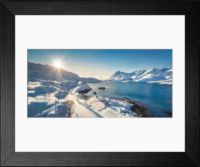 Framed Print : Panoramic view from flying drone of Andopen fjord with Kakernbrua bridge on background Framed Print : Panoramic view from flying drone of Andopen fjord with Kakernbrua bridge on background