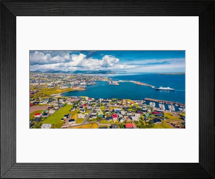 Framed Print : Panoramic summer view from flying drone of Torshavn town Framed Print : Panoramic summer view from flying drone of Torshavn town