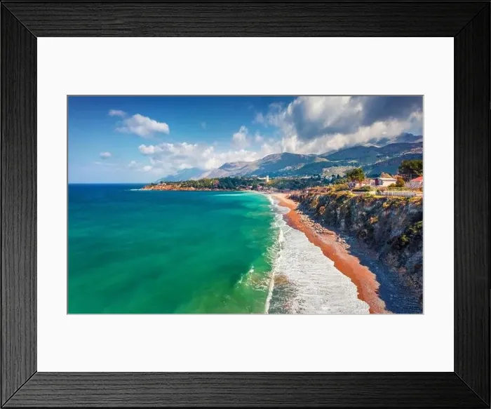 Framed Print : Astonishing spring view from flying drone of popular tourist destination - Guidaloca beach Framed Print : Astonishing spring view from flying drone of popular tourist destination - Guidaloca beach