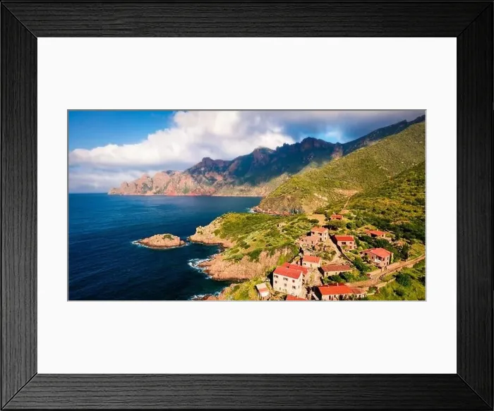 Framed Print : Captivating view from flying drone of Port de Girolata - place Framed Print : Captivating view from flying drone of Port de Girolata - place