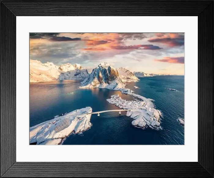 Framed Print : Exotic morning view from flying drone of Hamnoy port with Festhaeltinden mount on background Framed Print : Exotic morning view from flying drone of Hamnoy port with Festhaeltinden mount on background