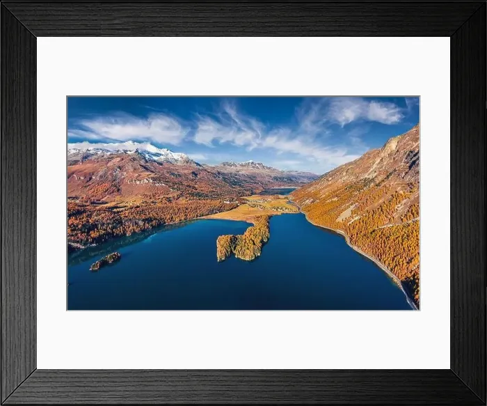 Framed Print : Amazing afternoon view from flying drone of Sils lake Framed Print : Amazing afternoon view from flying drone of Sils lake