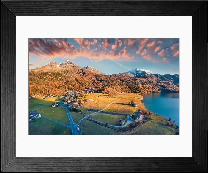 Framed Print : Magnificent evening view from flying drone of Silvaplana village Framed Print : Magnificent evening view from flying drone of Silvaplana village