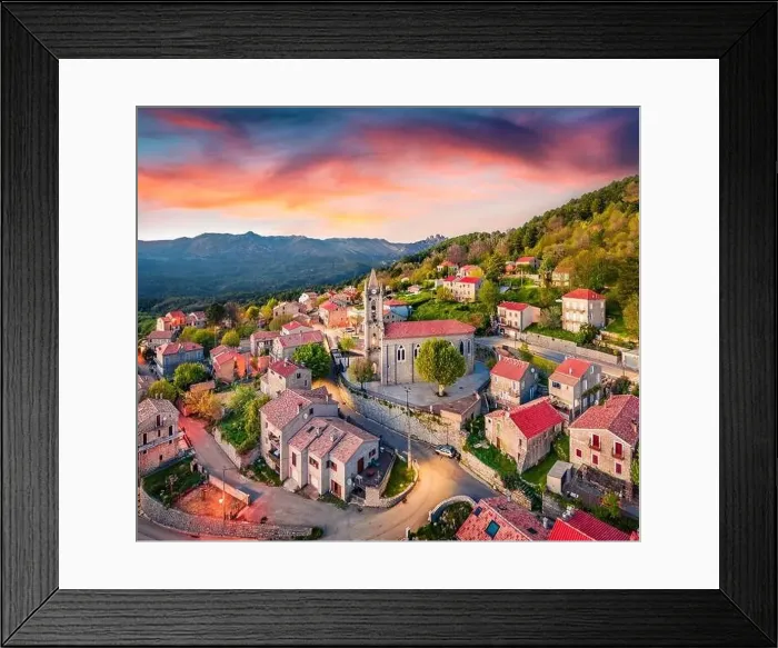 Framed Print : Colorful evening view from flying drone of Zonza town Framed Print : Colorful evening view from flying drone of Zonza town