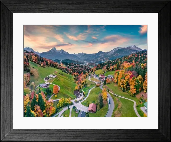 Framed Print : Fantastic evening view from flying drone of Maria Gern church with Hochkalter peak on background Framed Print : Fantastic evening view from flying drone of Maria Gern church with Hochkalter peak on background