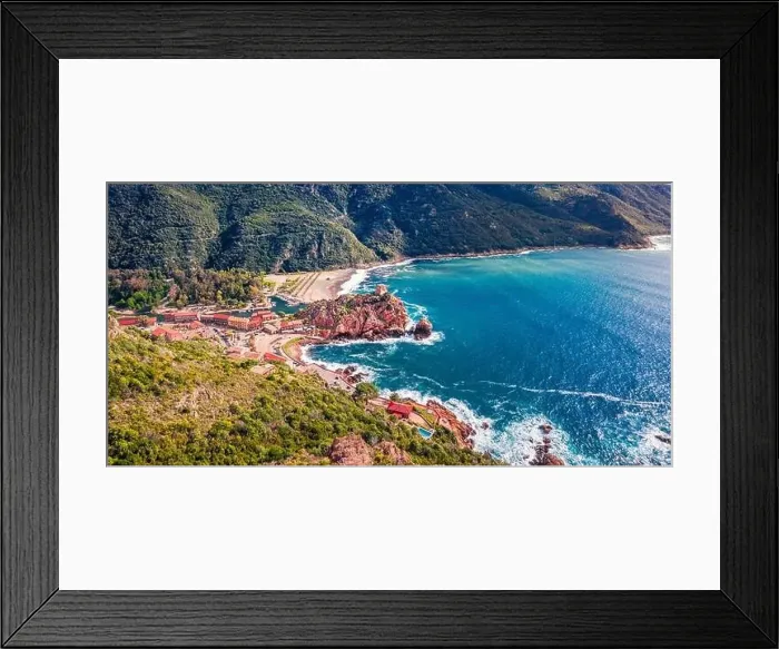 Framed Print : Panoramic view from flying drone of Porto town with Genoise de Porto Ota tower Framed Print : Panoramic view from flying drone of Porto town with Genoise de Porto Ota tower